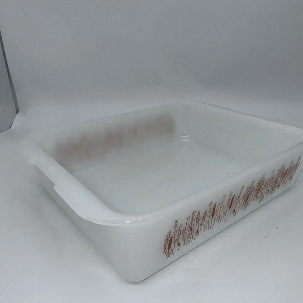 VTG White Ceramic Baking‎ Dish with Copper Wheat Pattern Farmhouse Kitchen Decor